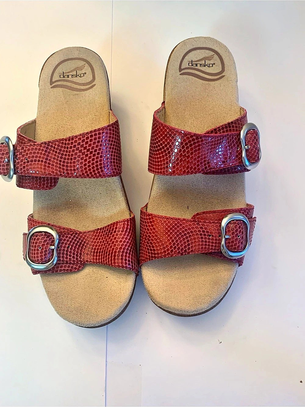 Dansko Sophie Red Snake Print Leather Wedge Sandals